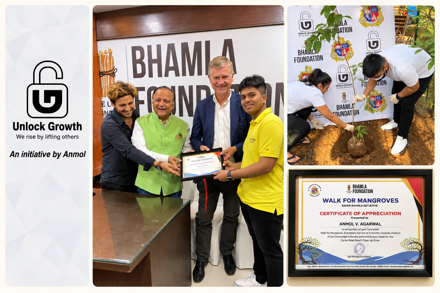 Community-service collage featuring Unlock Growth, tree planting, an award presentation, and a certificate of appreciation