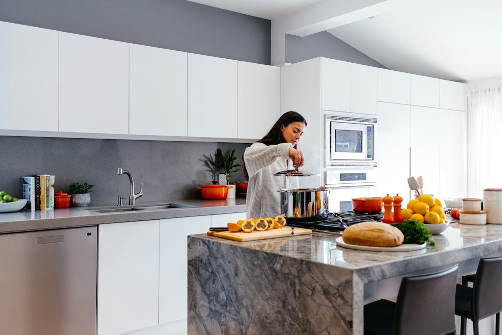 Preparing a meal in a bright kitchen
