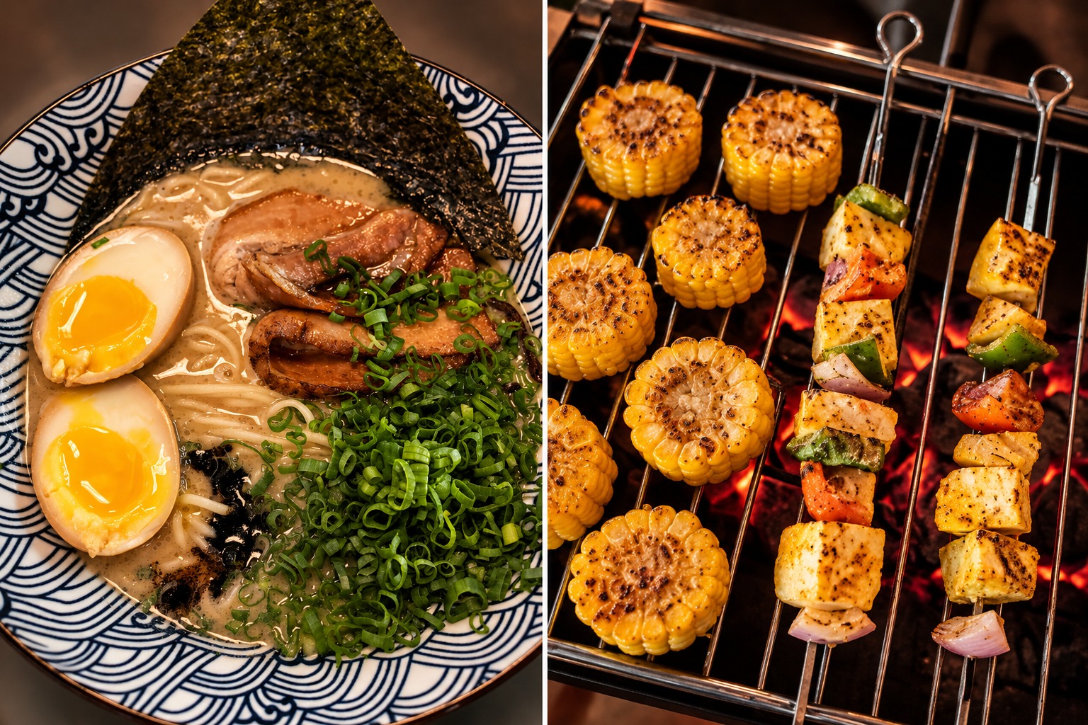 Food collage featuring a ramen bowl and barbecue corn and skewers