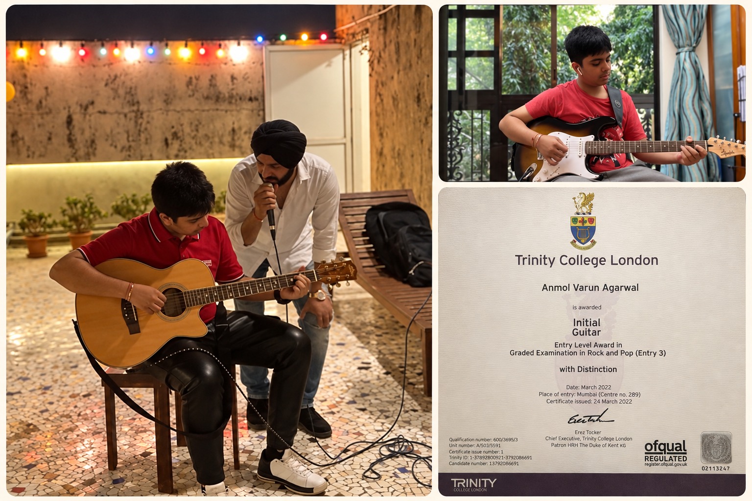Anmol playing acoustic and electric guitar alongside his Trinity College London guitar certificate