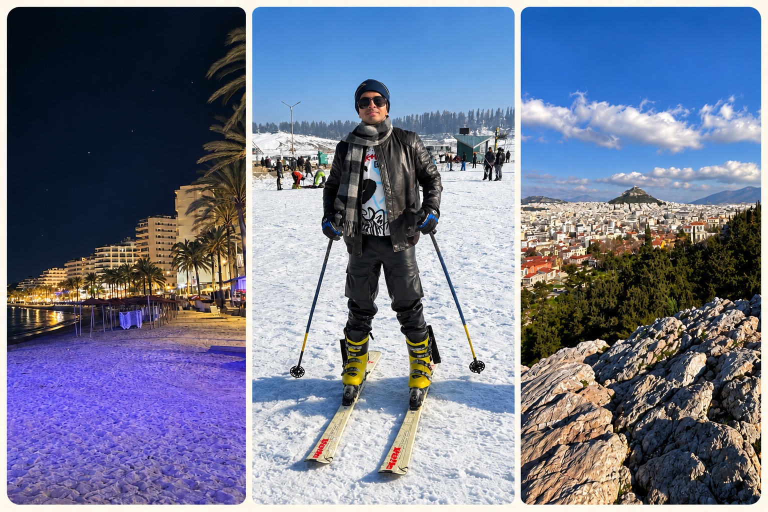 Travel collage of a beach at night, Anmol skiing, and a sunny city overlook